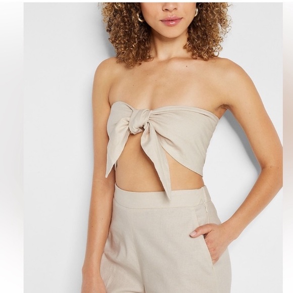 Express Beige Strapless Bow Blouse - Picture 2 of 7